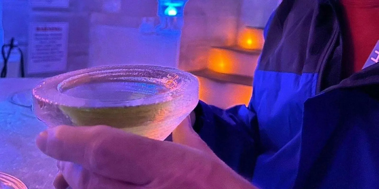Appletini cocktail served in a hand-carved ice glass at the Aurora Ice Museum